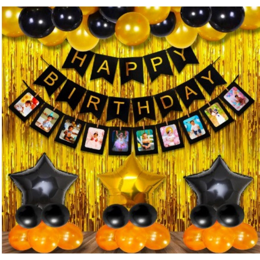 Generic Happy Birthday Decoration Combo Of Curtain And Metallic And Foil Balloons (Multicolor) Main image