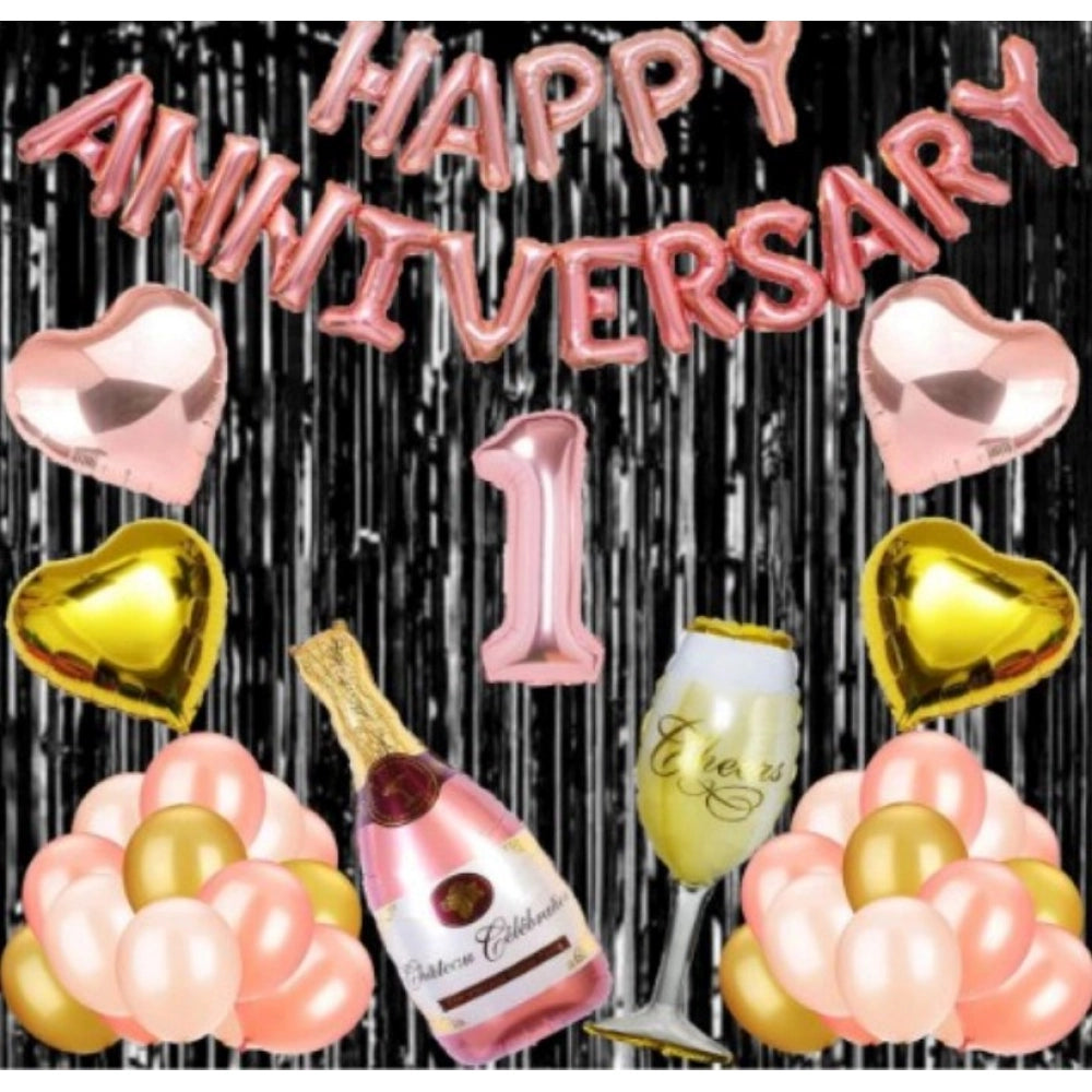 Generic 1St Anniversary Rose Gold Foil Balloons With Happy Decoration Items Set (Multicolor) Main image