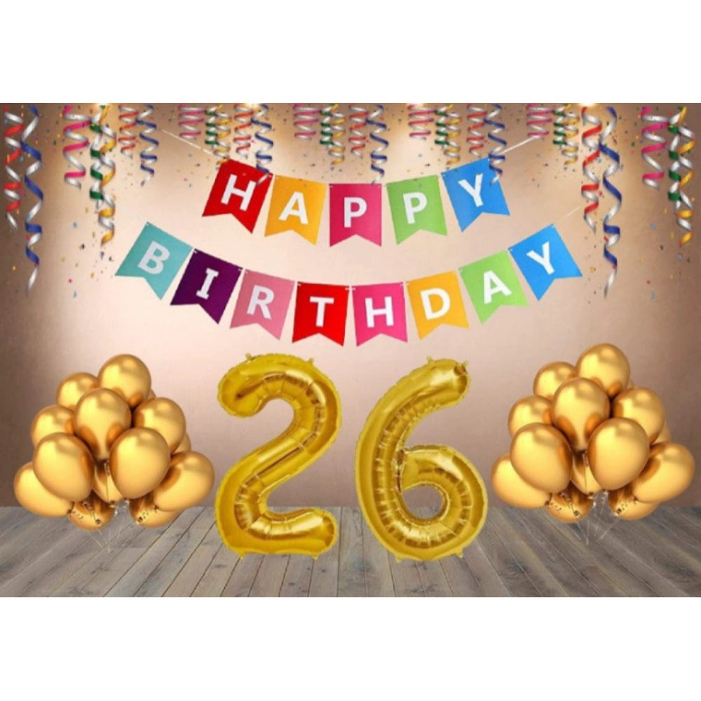 Generic 26Th Happy Birthday Decoration Combo With Multi Color Banner (Golden) Main image