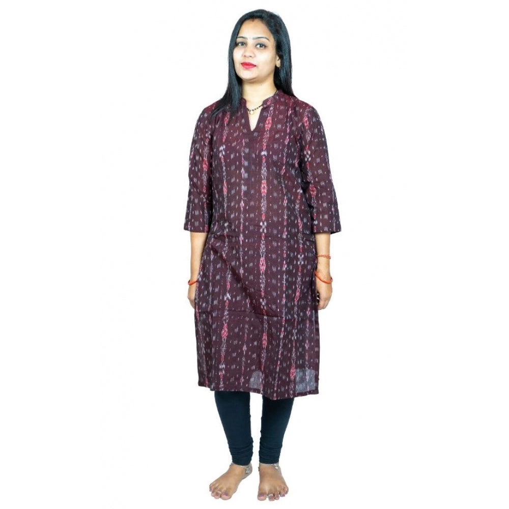 Generic Women's Sambalpuri Certified Handloom Pure Cotton Straight Kurti (Brown) Main image