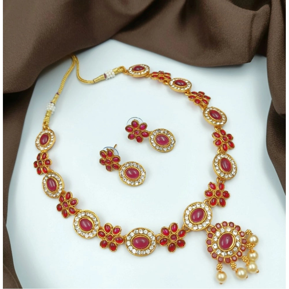 Generic Women's Gold Plated Traditional Necklace and Earrings Set (Red, Free Size) Main image