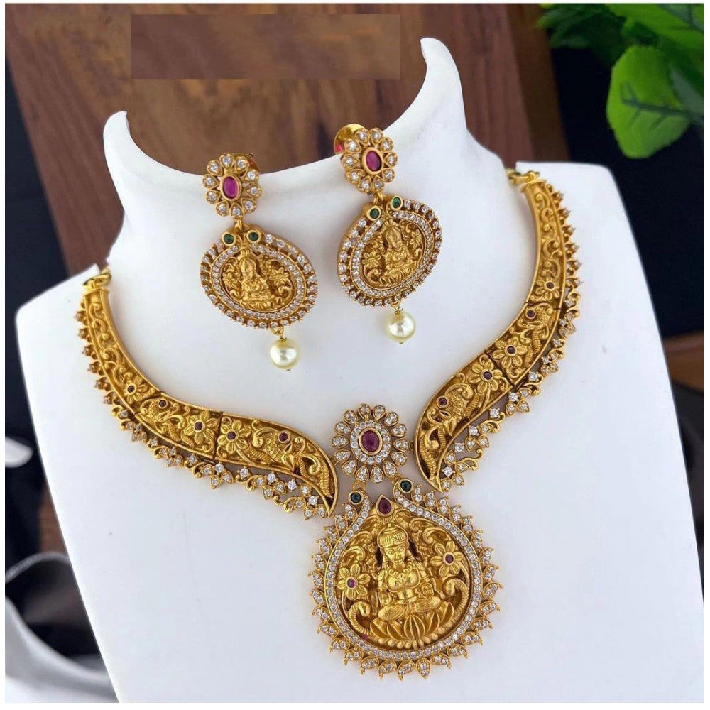 Generic Women's Gold Plated Necklace and Earrings Set with Kundan Work (Multi Color, Free Size) Main image