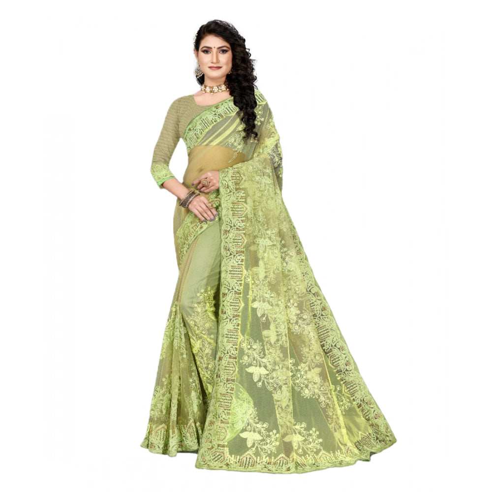 Generic Women's Net Saree With Blouse (Pista Green, 5-6Mtrs) Main image