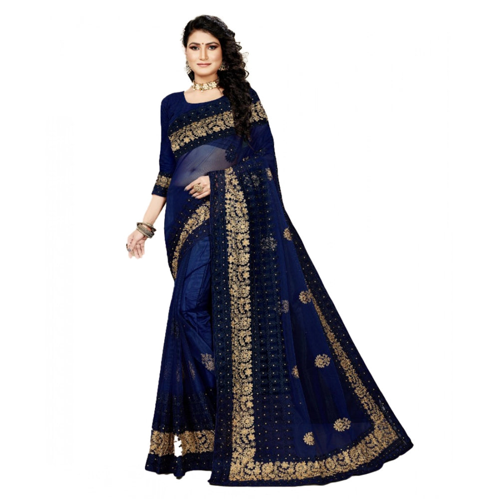 Generic Women's Net Saree With Blouse (Navy Blue, 5-6Mtrs) Main image