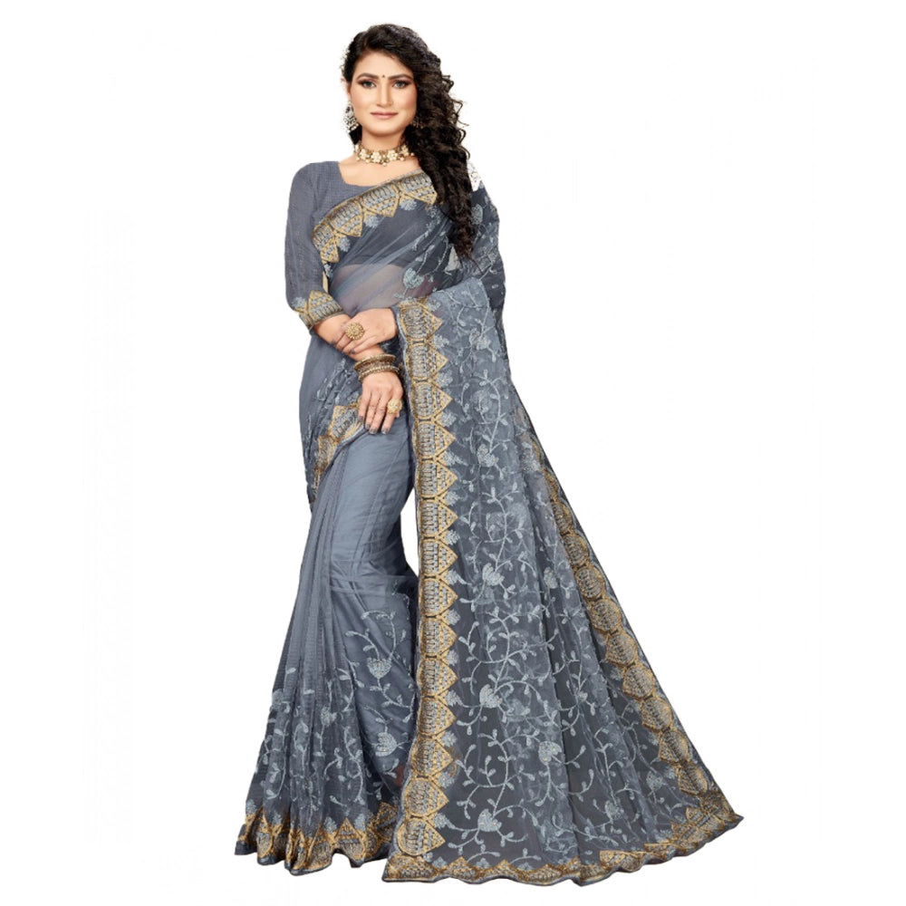 Generic Women's Net Saree With Blouse (Grey, 5-6Mtrs) Main image
