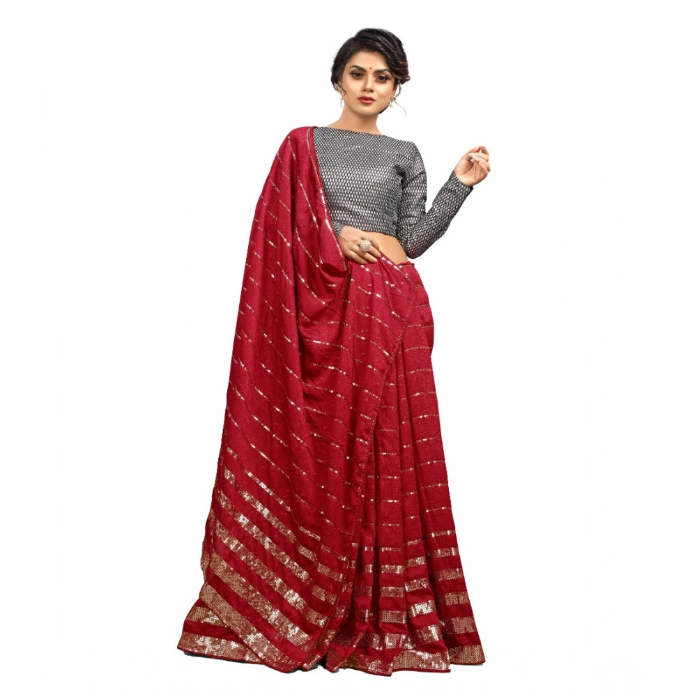 Generic Women's Vichitra Saree with Blouse (Red, 5-6 Mtrs) Main image