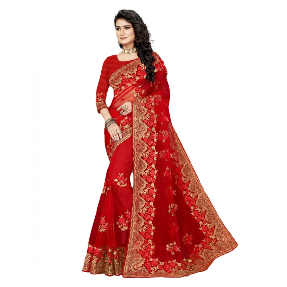 Generic Women's Net Saree With Blouse (Red, 5-6Mtrs) Main image