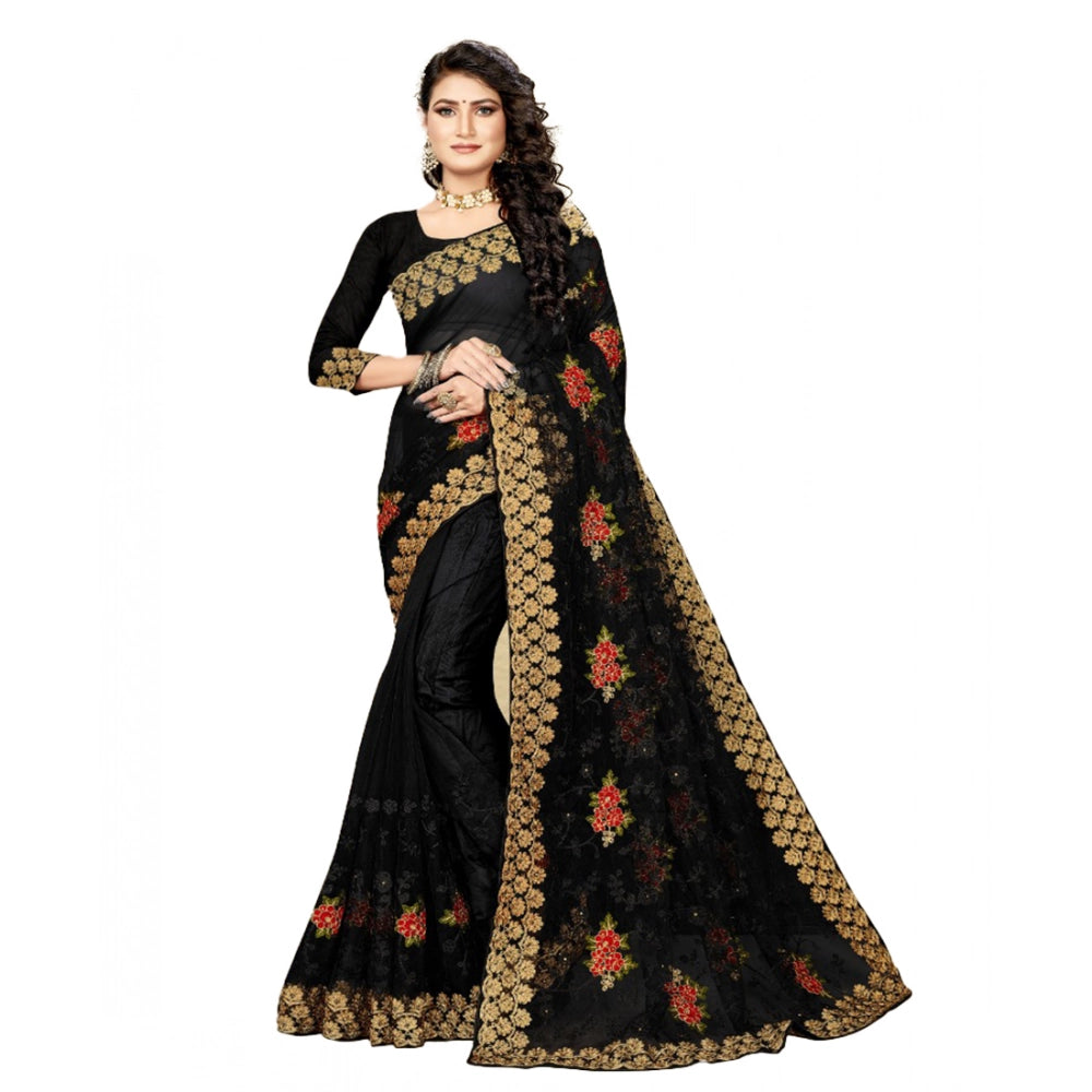 Generic Women's Net Saree With Blouse (Black, 5-6Mtrs) Main image