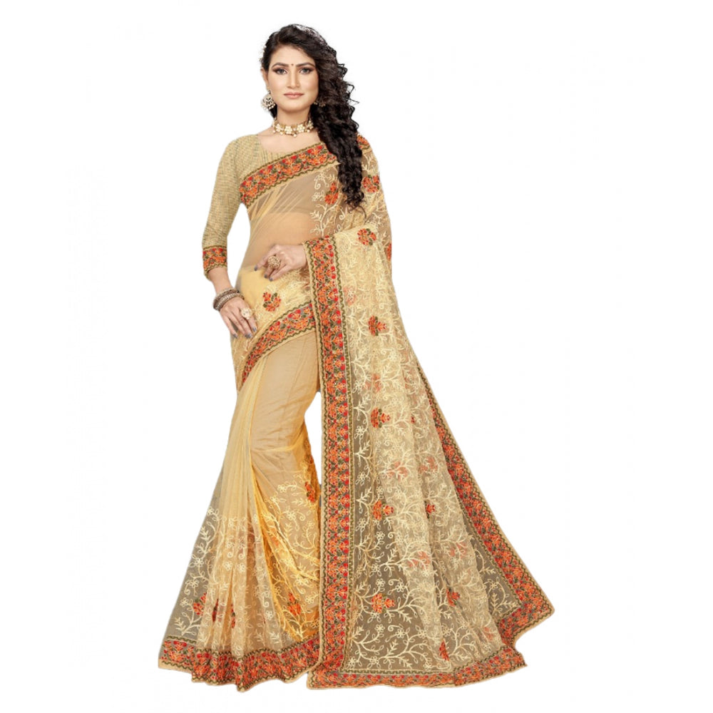 Generic Women's Net Saree With Blouse (Chiku, 5-6Mtrs) Main image