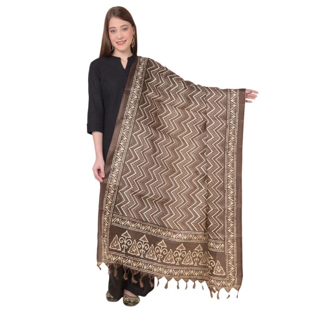 Generic Women's Art Silk Printed Dupatta (Brown, Length: 2.25 to 2.50 Mtr) Main image