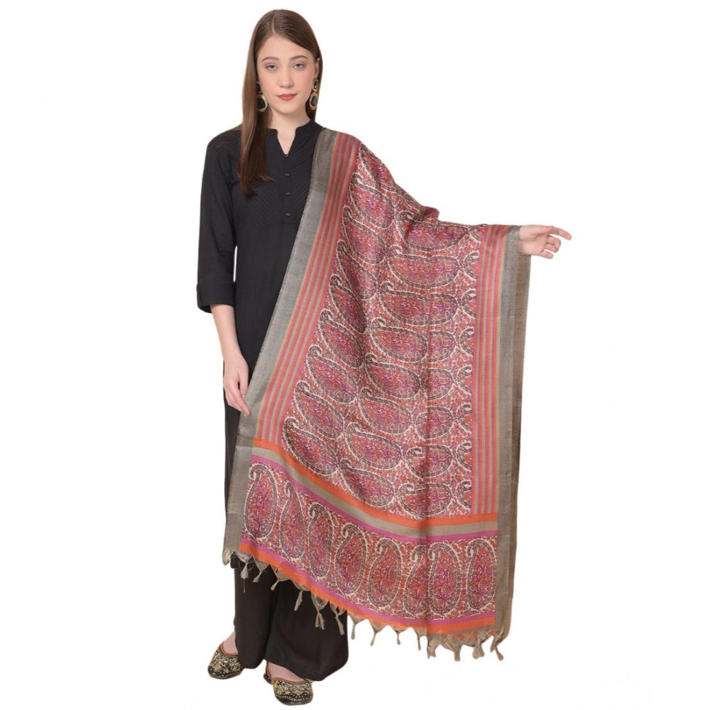 Generic Women's Art Silk Printed Dupatta (Grey, Length: 2.25 to 2.50 Mtr) Main image