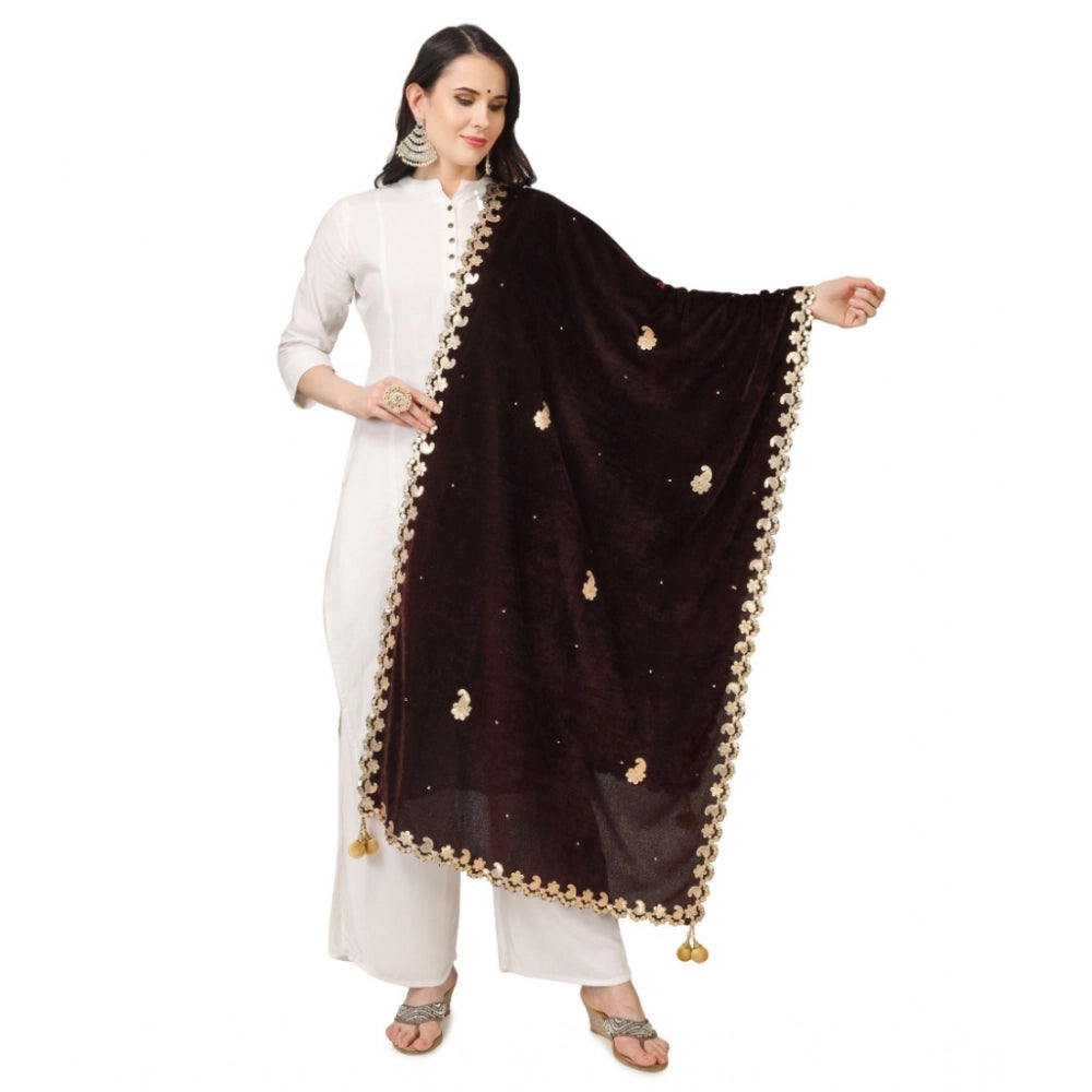 Generic Women's Velvet Gotta Patti Dupatta (Brown, Length: 2.25 to 2.50 Mtr) Main image