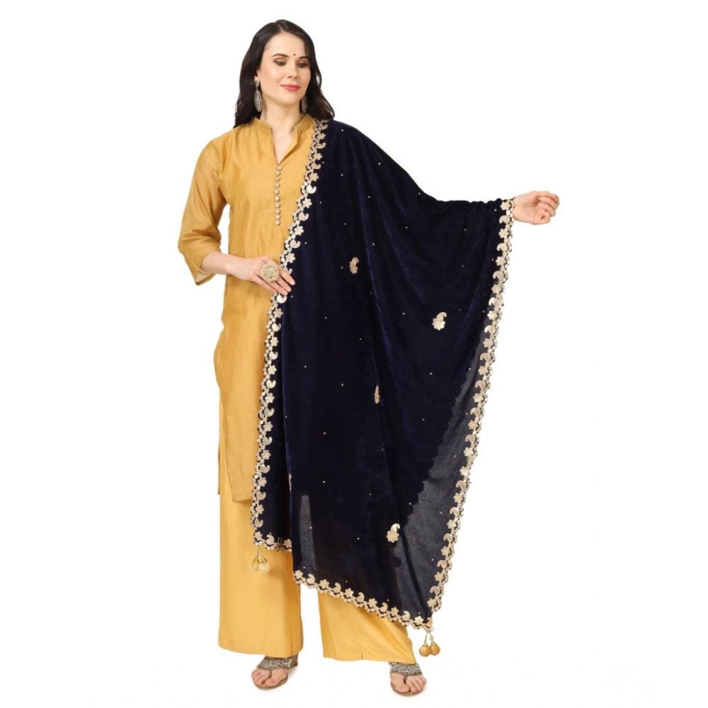 Generic Women's Velvet Gotta Patti Dupatta (Blue, Length: 2.25 to 2.50 Mtr) Main image
