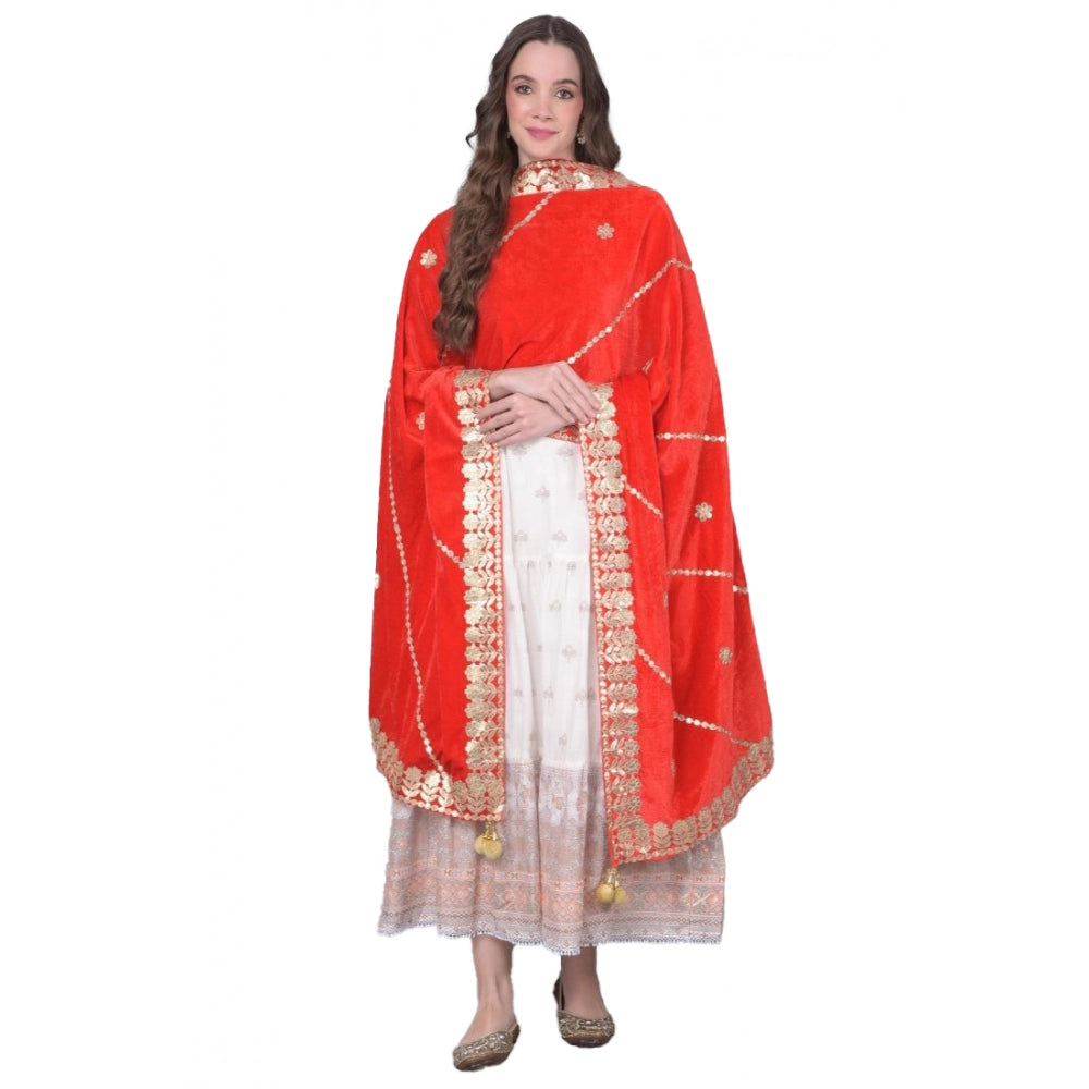 Generic Women's Velvet Gotta Patti Dupatta (Red, Length: 2.25 to 2.50 Mtr) Main image