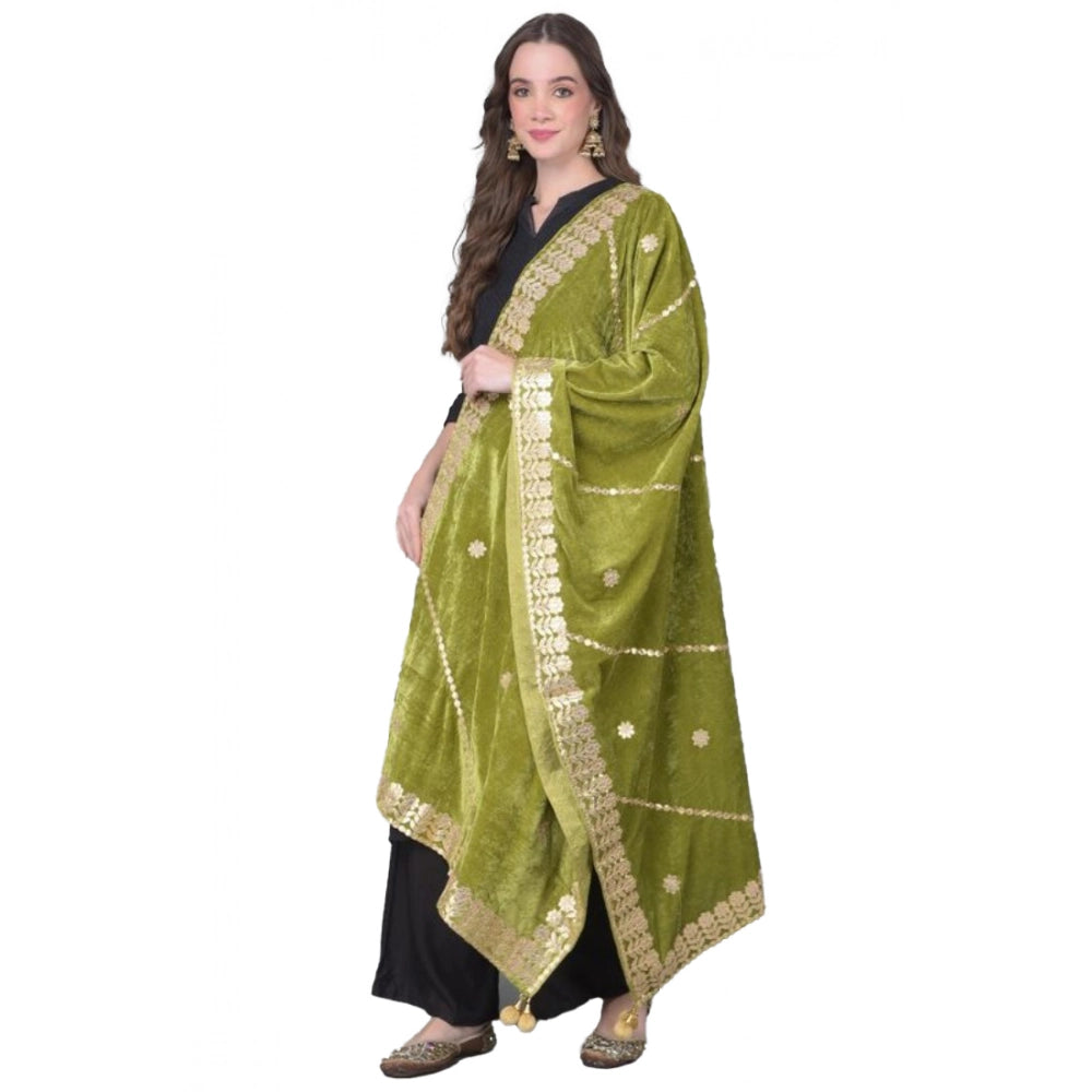 Generic Women's Velvet Gotta Patti Dupatta (Olive, Length: 2.25 to 2.50 Mtr) Main image