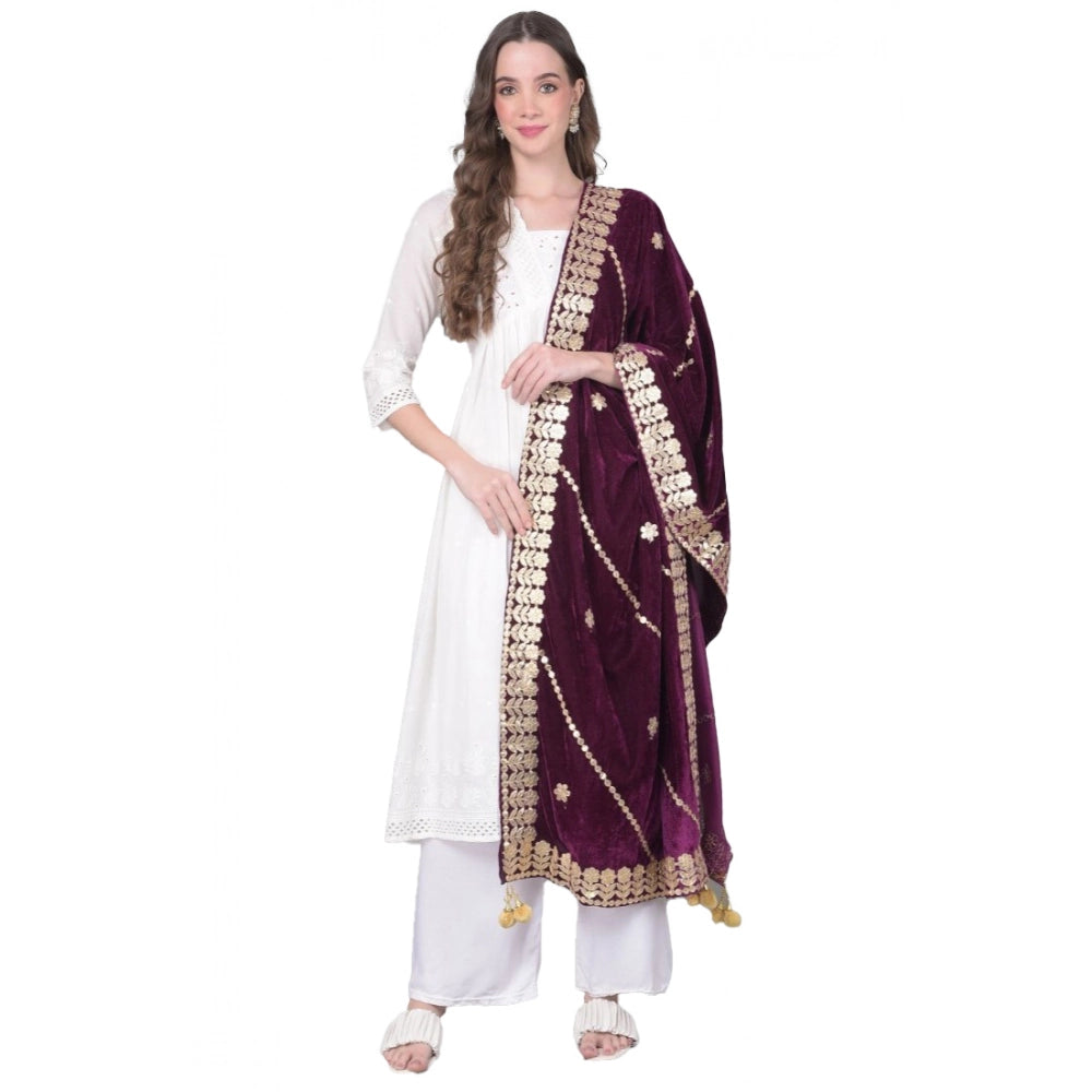 Generic Women's Velvet Gotta Patti Dupatta (Wine, Length: 2.25 to 2.50 Mtr) Main image