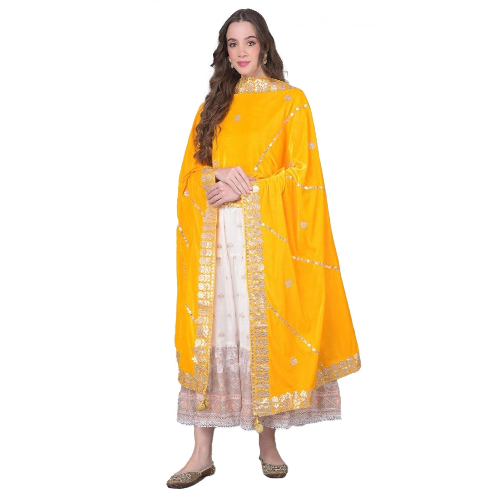 Generic Women's Velvet Gotta Patti Dupatta (Yellow, Length: 2.25 to 2.50 Mtr) Main image