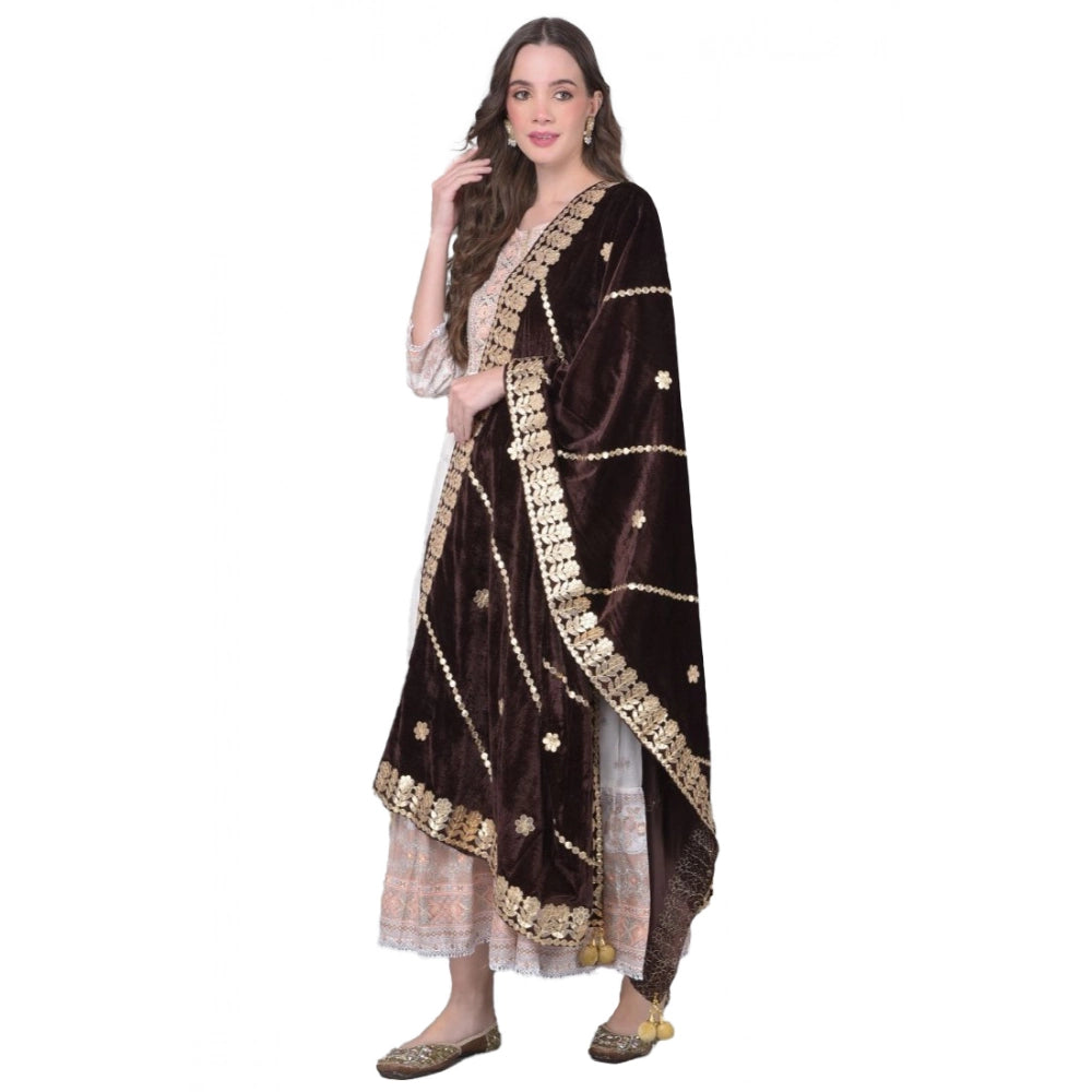 Generic Women's Velvet Gotta Patti Dupatta (Brown, Length: 2.25 to 2.50 Mtr) Main image