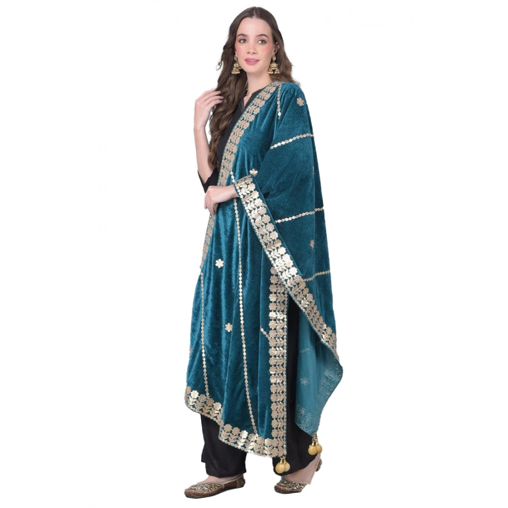 Generic Women's Velvet Gotta Patti Dupatta (Teal, Length: 2.25 to 2.50 Mtr) Main image