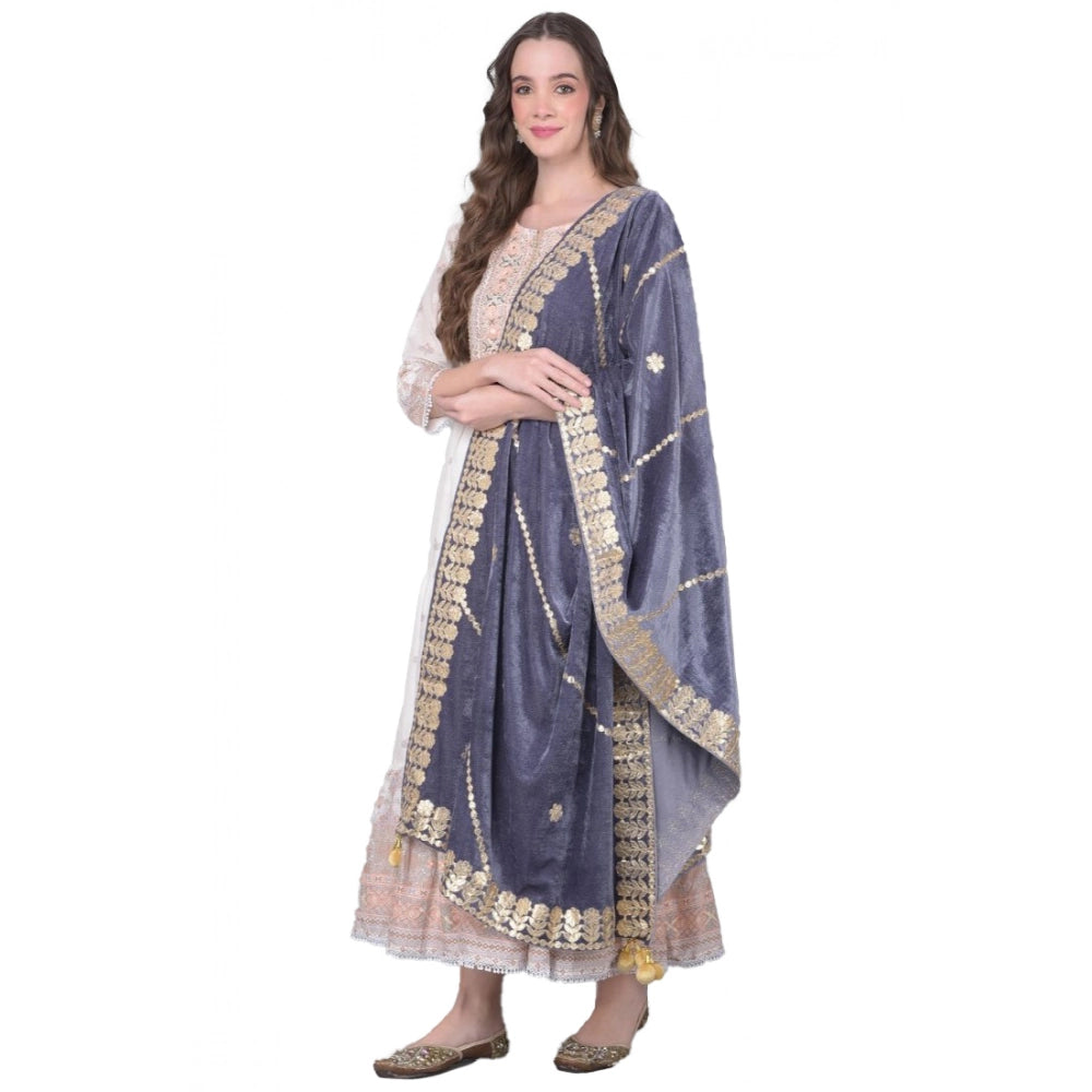 Generic Women's Velvet Gotta Patti Dupatta (Grey, Length: 2.25 to 2.50 Mtr) Main image