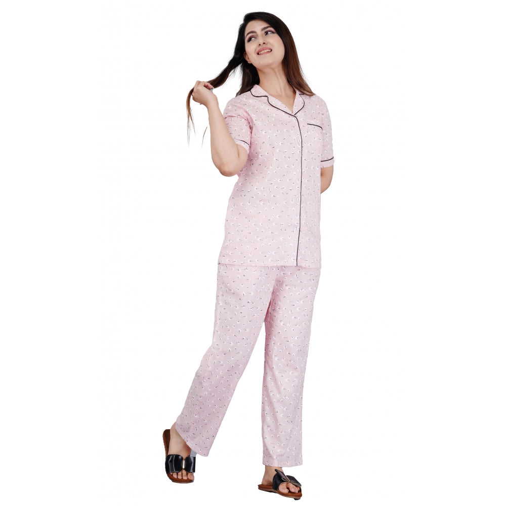 Generic Women's Casual Half Sleeve Printed Viscose Rayon Shirt With Pyjama Pant Night Suit Set (Pink) Main image