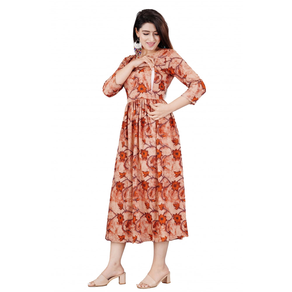 Generic Women's Casual 3/4 Sleeve Printed Viscose Maternity Feeding Kurti (Brown) Main image