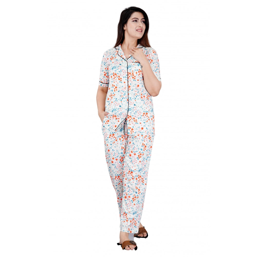 Generic Women's Casual Half Sleeve Printed Viscose Rayon Shirt With Pyjama Pant Night Suit Set (White) Main image
