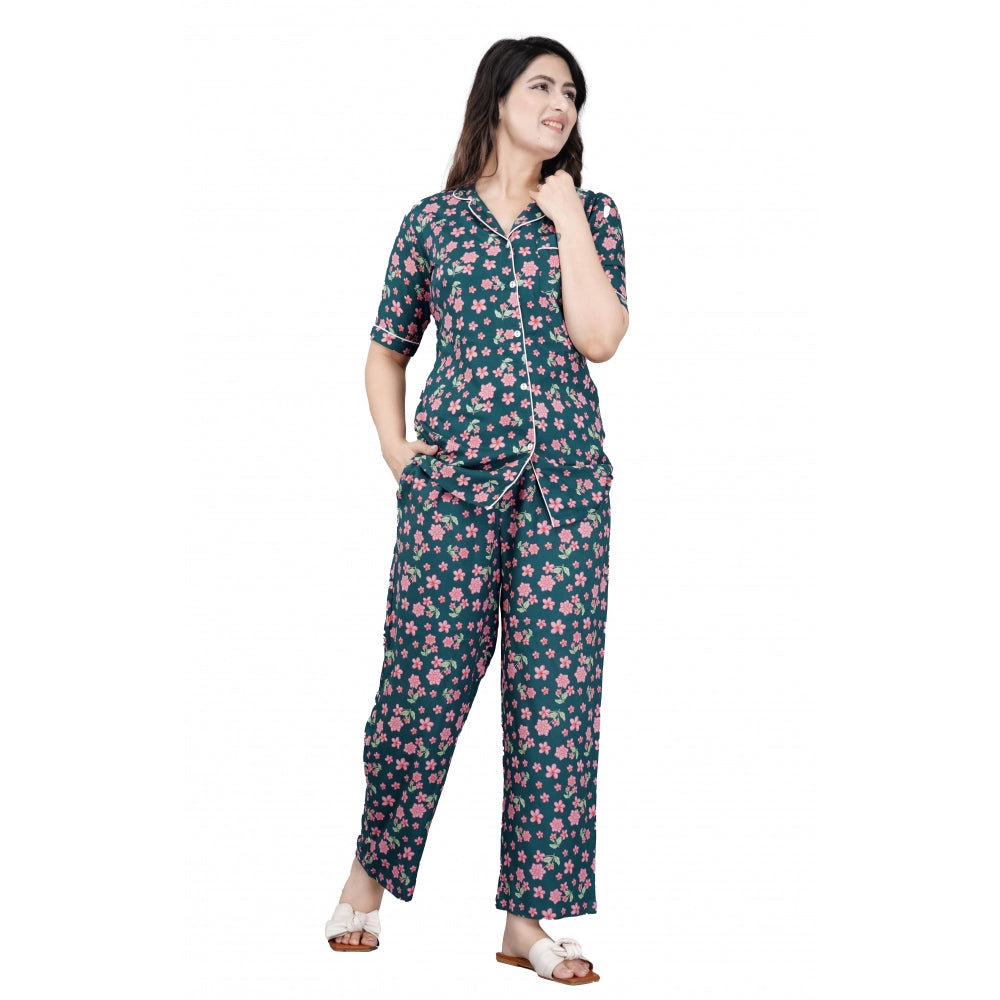 Generic Women's Casual Half Sleeve Printed Viscose Rayon Shirt With Pyjama Pant Night Suit Set (Teal) Main image