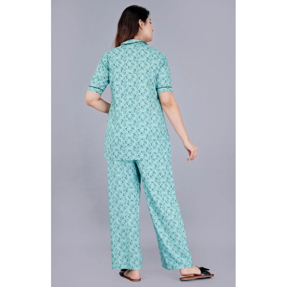 Generic Women's Casual Half Sleeve Printed Viscose Rayon Shirt With Pyjama Pant Night Suit Set (Green) Secondary image