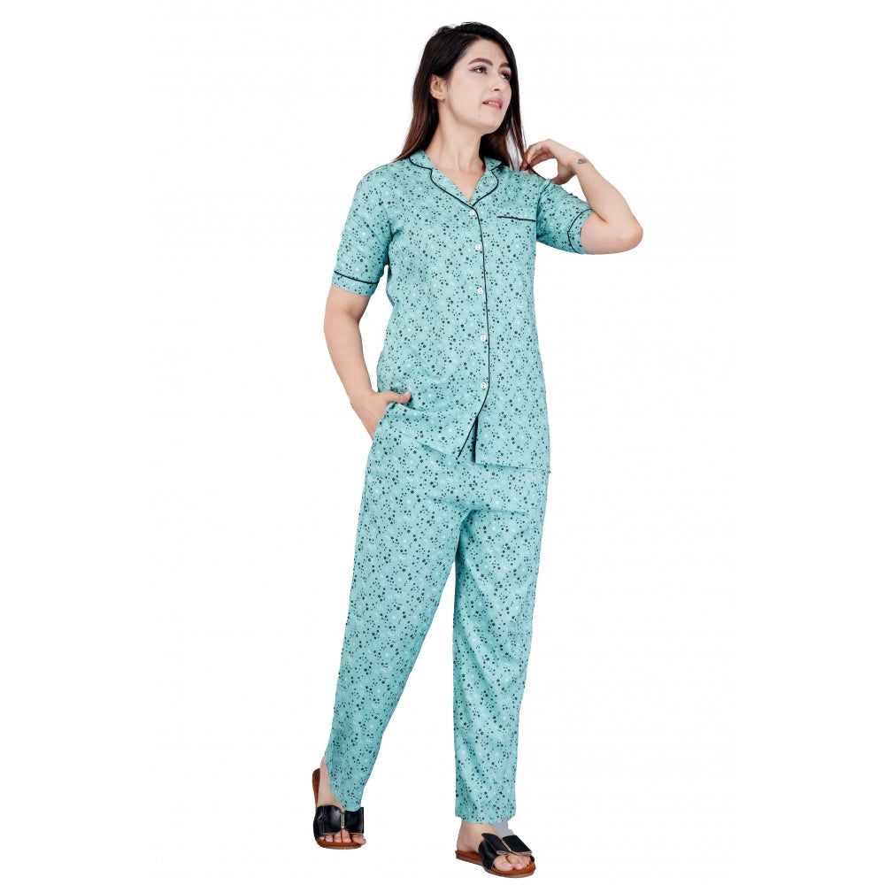Generic Women's Casual Half Sleeve Printed Viscose Rayon Shirt With Pyjama Pant Night Suit Set (Green) Main image