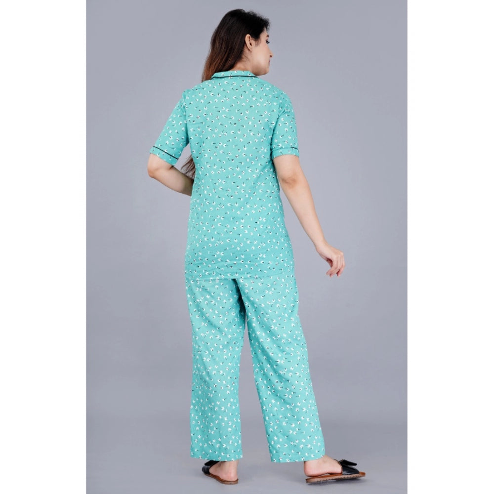 Generic Women's Casual Half Sleeve Printed Viscose Rayon Shirt With Pyjama Pant Night Suit Set (Green) Secondary image