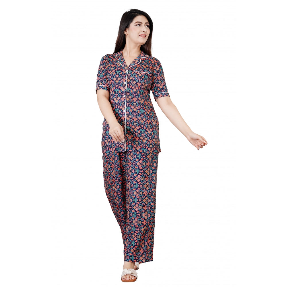 Generic Women's Casual Half Sleeve Printed Viscose Rayon Shirt With Pyjama Pant Night Suit Set (Blue) Main image