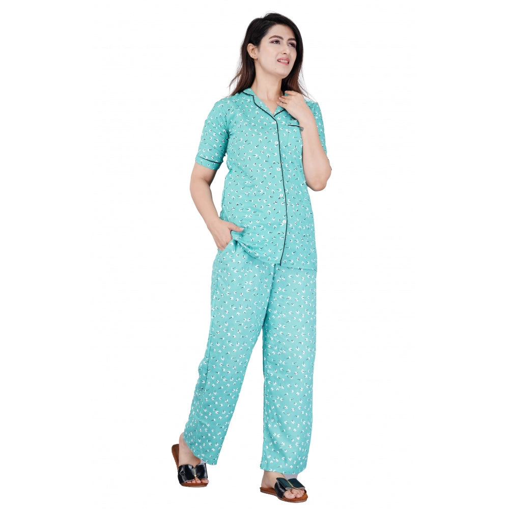 Generic Women's Casual Half Sleeve Printed Viscose Rayon Shirt With Pyjama Pant Night Suit Set (Green) Main image