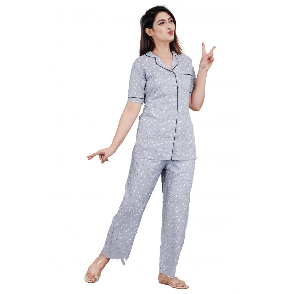 Generic Women's Casual Half Sleeve Printed Viscose Rayon Shirt With Pyjama Pant Night Suit Set (Grey) Main image