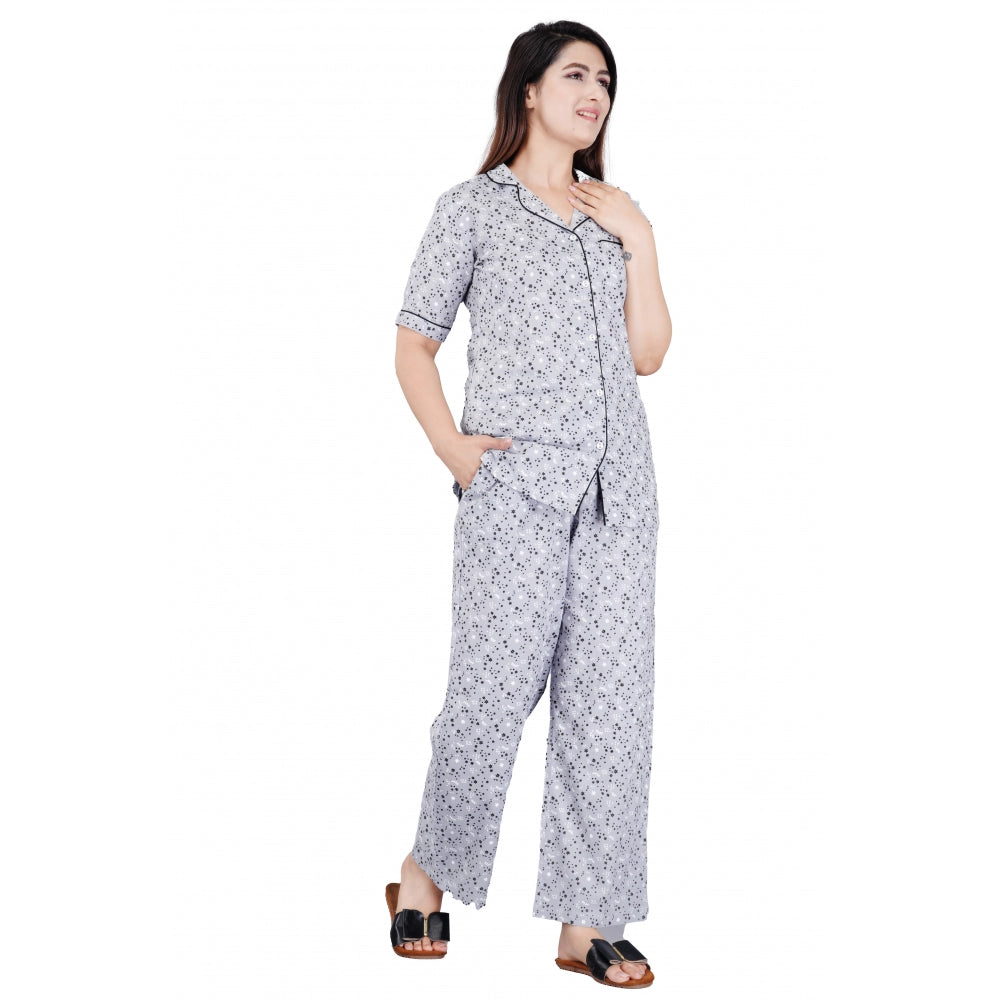 Generic Women's Casual Half Sleeve Printed Viscose Rayon Shirt With Pyjama Pant Night Suit Set (Grey) Main image