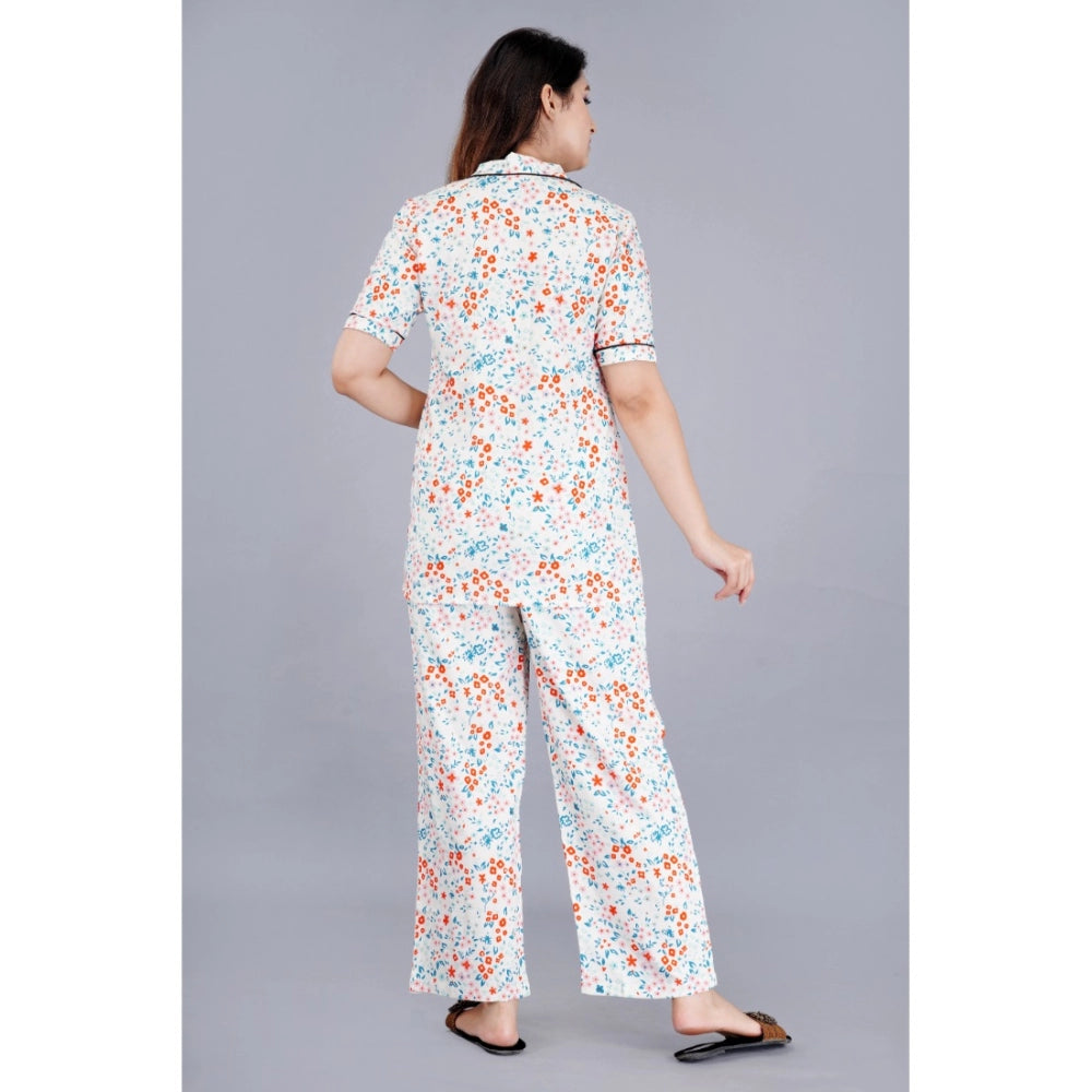 Generic Women's Casual Half Sleeve Printed Viscose Rayon Shirt With Pyjama Pant Night Suit Set (White) Secondary image