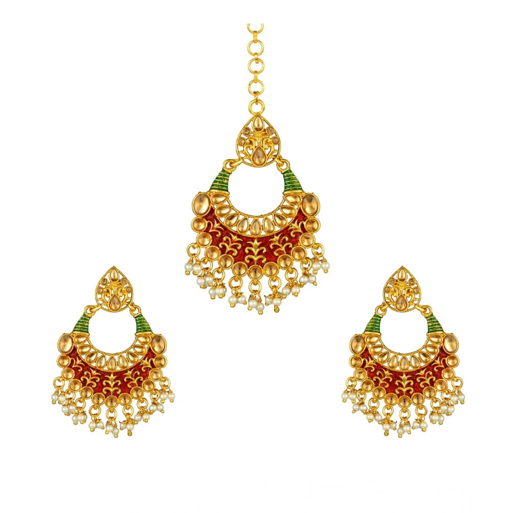 Generic Women's Rose Gold Plated Alloy Kundan Earrings &amp; Mangtikka (Red &amp; Green) Main image