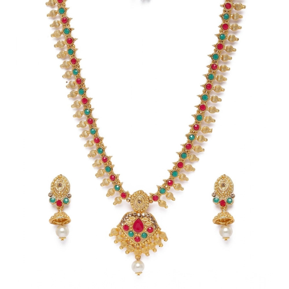 Generic Women's Rose Gold Plated Alloy Necklace &amp; Earings Set (Green &amp; Red) Main image