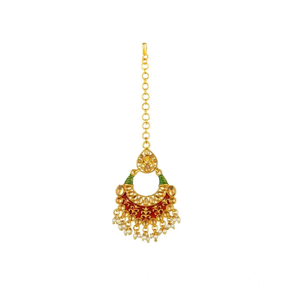 Generic Women's Rose Gold Plated Alloy Kundan Earrings &amp; Mangtikka (Red &amp; Green) Secondary image