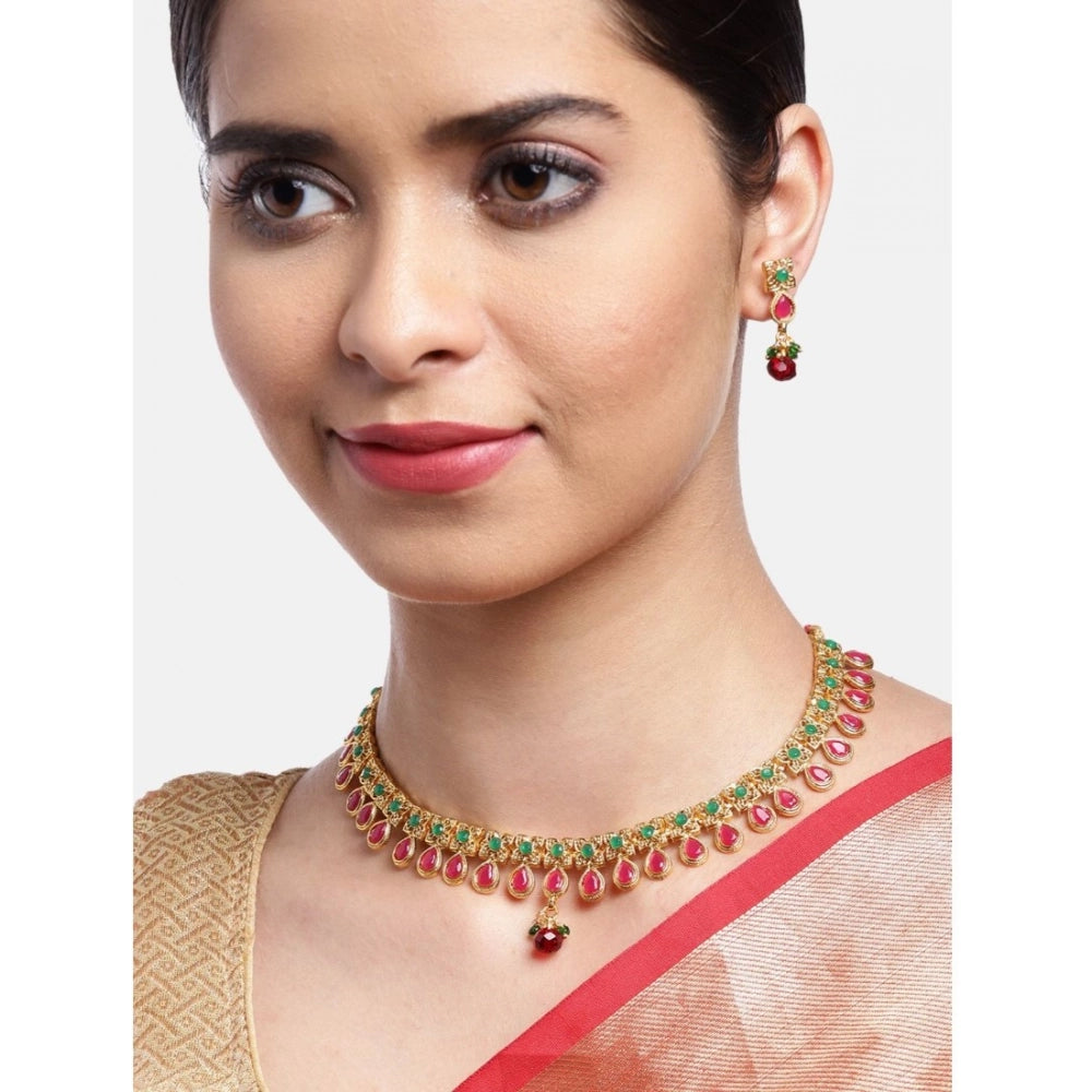 Generic Women's Rose Gold Plated Alloy Necklace &amp; Earings Set (Green &amp; Red) Secondary image