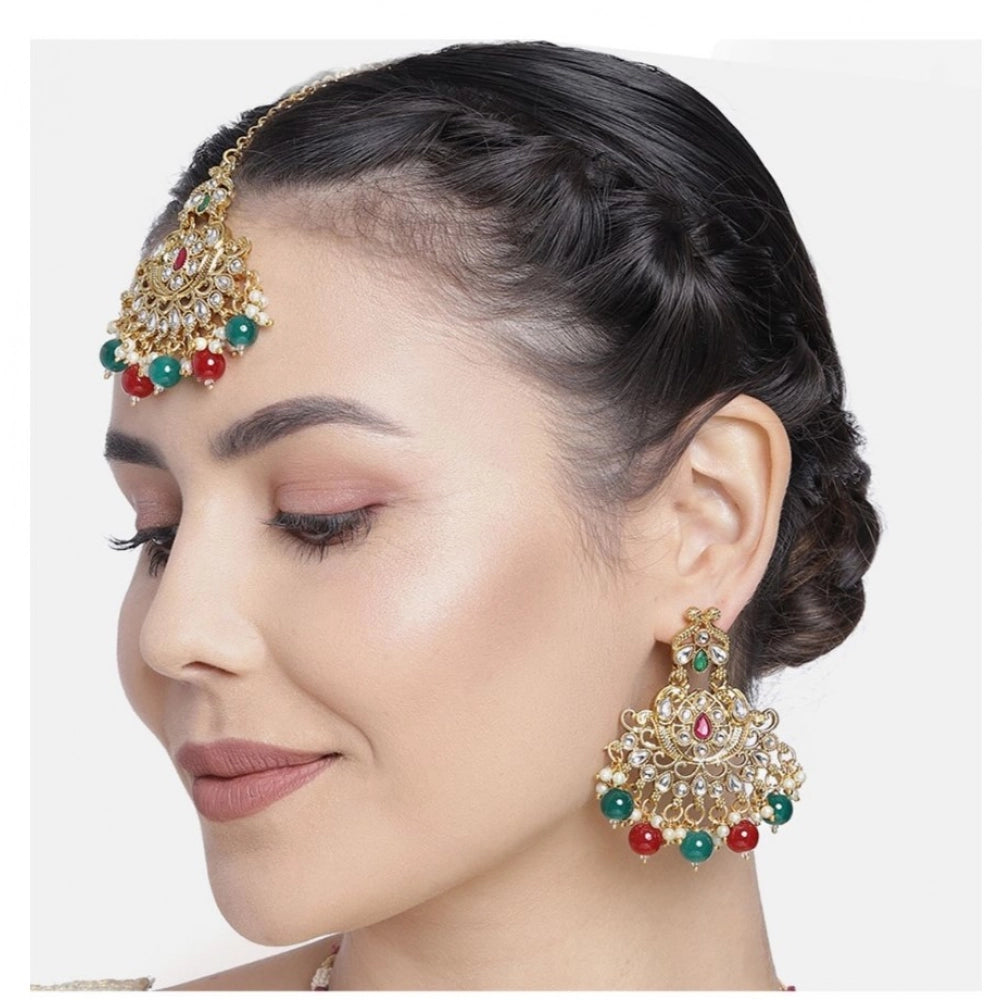 Generic Women's Rose Gold Plated Alloy Kundan Earrings &amp; Mangtikka (Red &amp; Green) Secondary image