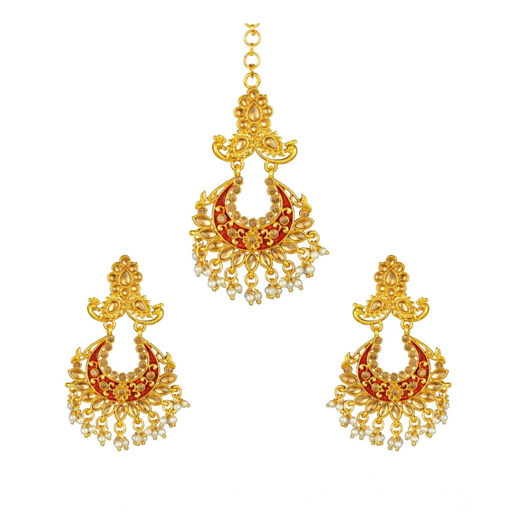Generic Women's Rose Gold Plated Alloy Kundan Earrings &amp; Mangtikka (Maroon) Main image