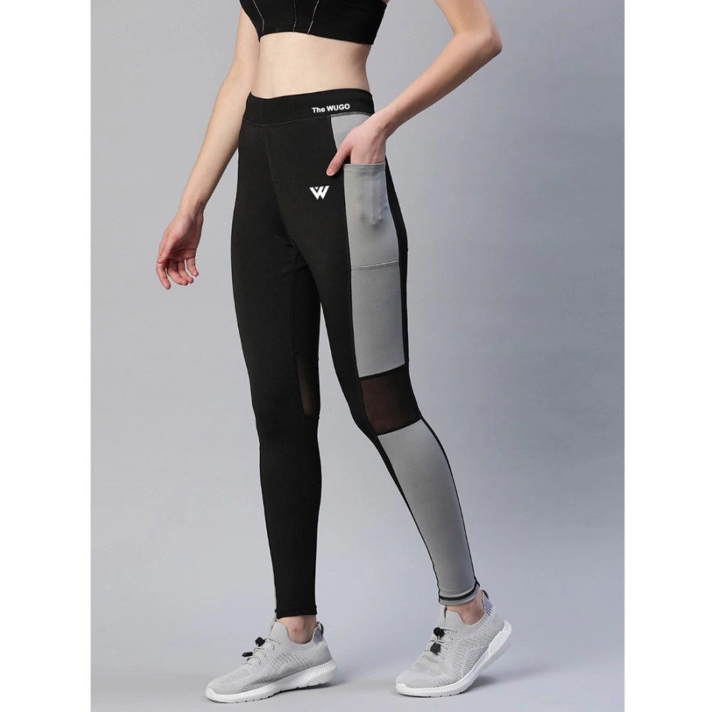 Generic Women's Polyster Solid Sport Leggings (Black &amp; Grey) Secondary image