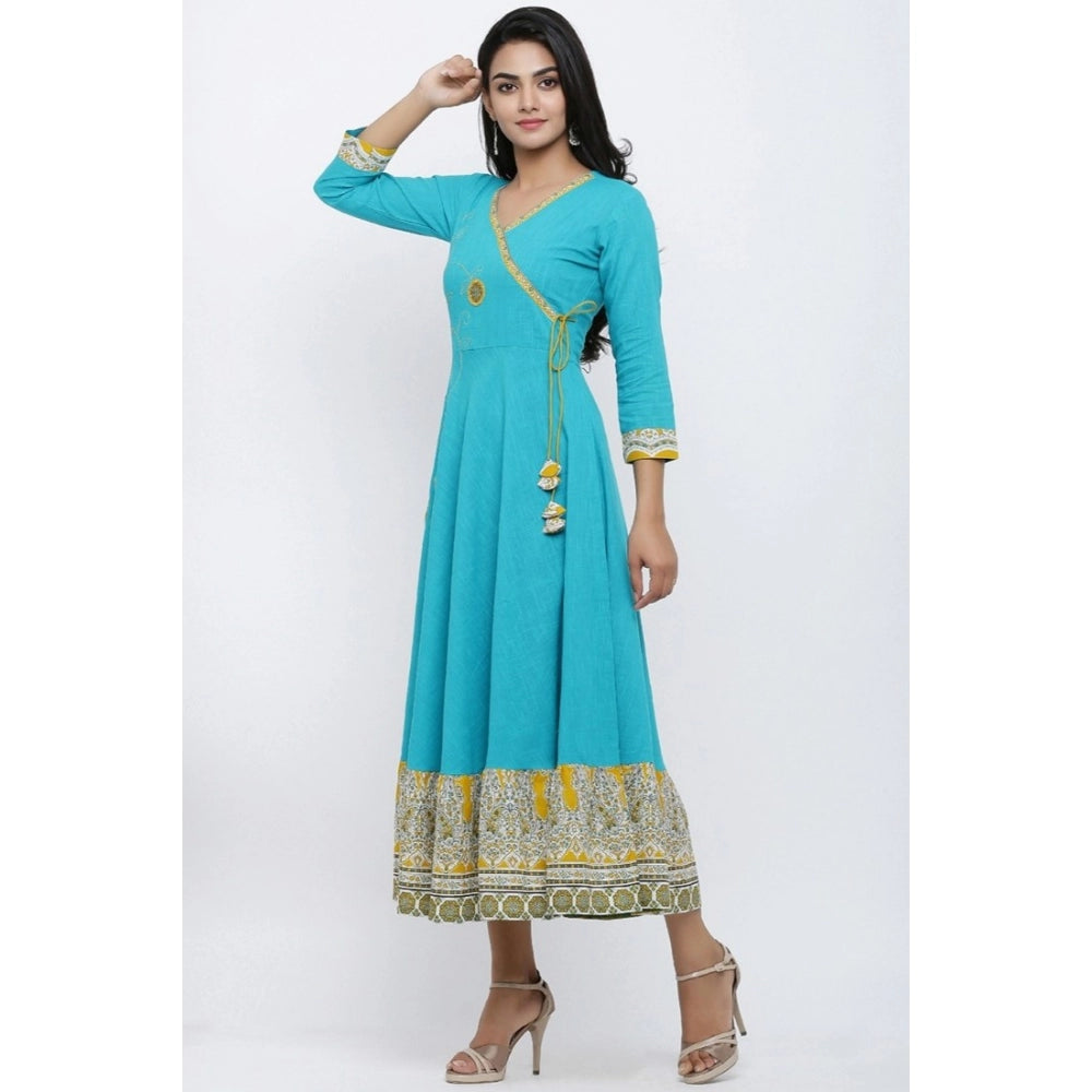 Generic Women's Casual 3/4 th Sleeve Embroidery Cotton Blend Kurti (Torque Green) Secondary image