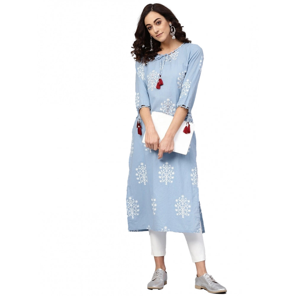 Generic Women's Casual 3/4 th Sleeve Embroidery Cambric Cotton Kurti (Blue) Main image