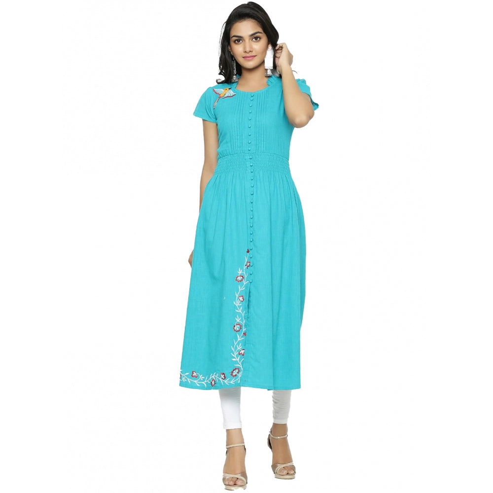 Generic Women's Casual Short Sleeve Embroidery Cotton Slub Kurti (Torque Green) Main image