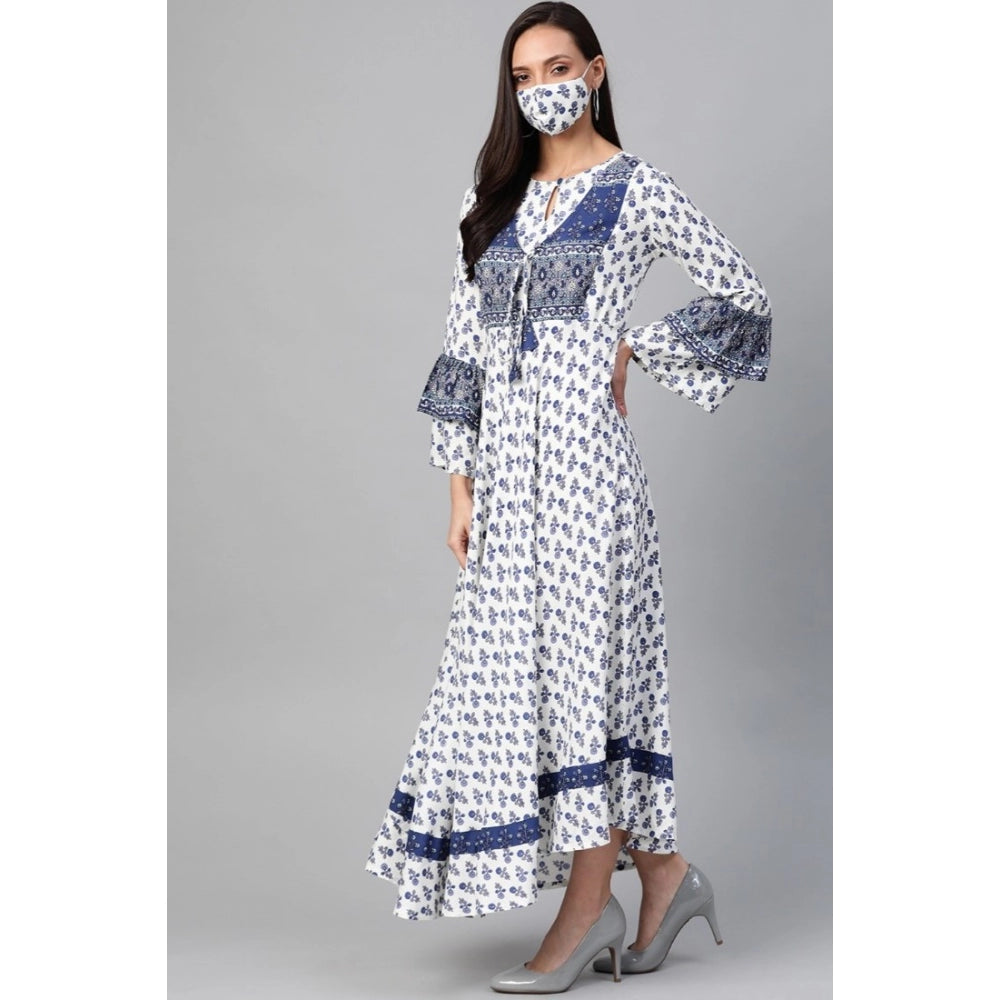 Generic Women's Casual Bell Sleeve Floral Printed Rayon Dress (White &amp; Blue) Secondary image