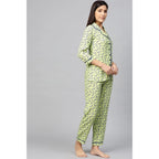 Generic Women's Casual 3/4 Sleeve Floral Printed Rayon Shirt With Pyjama Pant Night Suit Set (Green)