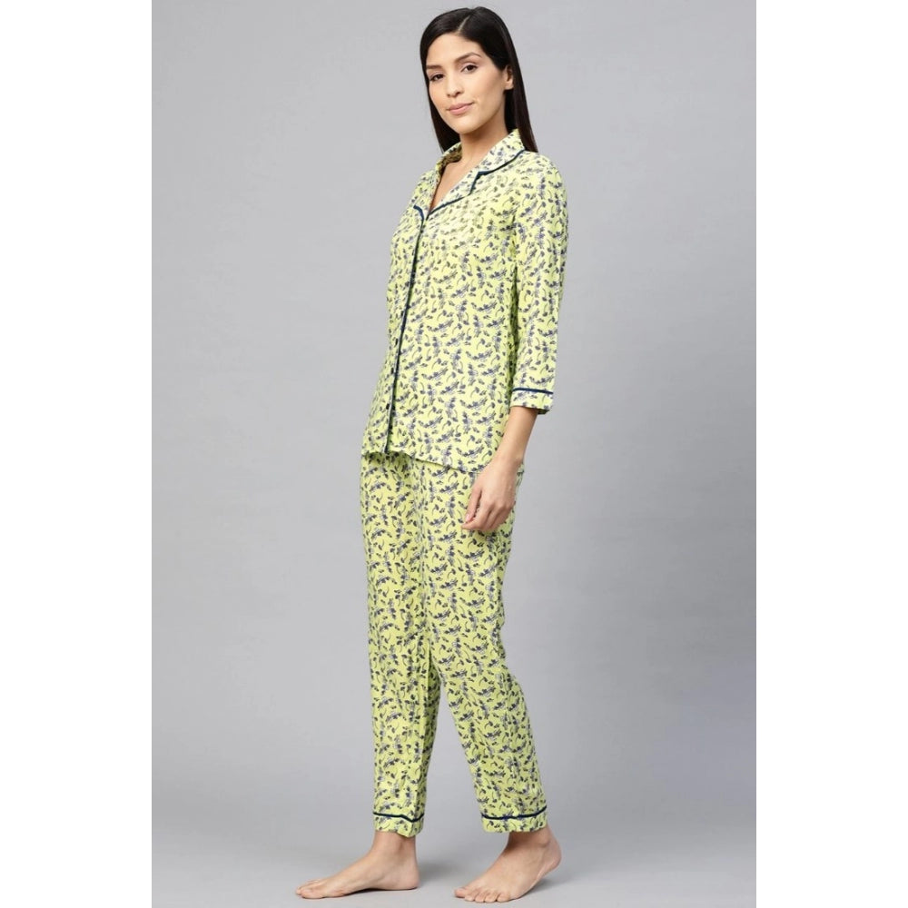 Generic Women's Casual 3/4 Sleeve Floral Printed Rayon Shirt With Pyjama Pant Night Suit Set (Green) Secondary image