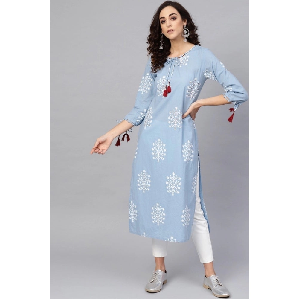 Generic Women's Casual 3/4 th Sleeve Embroidery Cambric Cotton Kurti (Blue) Secondary image